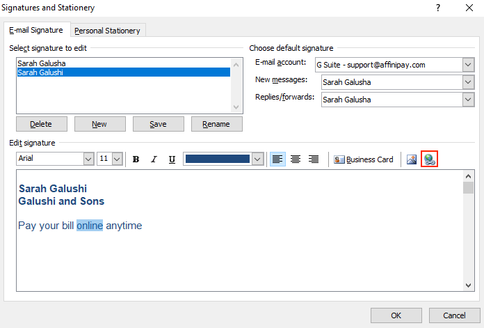 How to add your payment link to your Outlook signature – AffiniPay